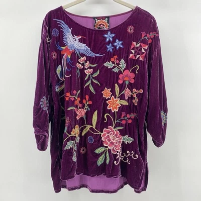 Johnny Was Embroidered Velvet Tunic Top Purple Floral Bird Boho Festival Sz S - Image 1 of 4