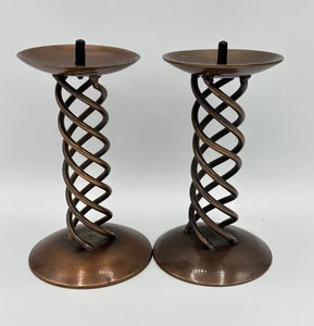 Pair Copper Metal Open Barley Twist Spiral Brass Pillar Candle Stick Holders - Foto 1 di 8