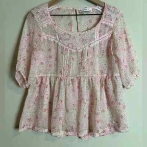 Vintage Abercrombie Kids Floral Sheer Babydoll Blouse Top Large Pink Peasant - Picture 1 of 5