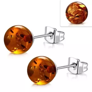 PAIRE BOUCLES D'OREILLES FEMME ENFANT FILLE ACIER PIERRE AMBRE COGNAC 8mm EWX031 - Bild 1 von 1
