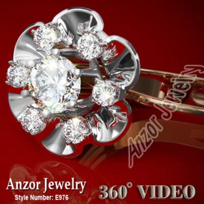 14k Solid Rose & White Gold Genuine Diamond Flower Earrings E976 - Image 1 of 4