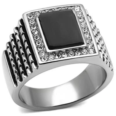 Anillo negro para hombre sello jet cz acero inoxidable meñique estampado plata esmeralda 592 Foto 1 de 4