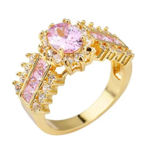 Romantic Natural Pink Fire Topaz Gemstone Yellow Gold Plated Ring Size 6-10 New - Picture 1 of 1