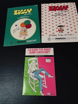 2 Ziggy Counted Cross Stitch Designs Paragon Needlecraft Book 1975 Learn to Knit - Image 1 of 2