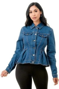 DENIM FRONT BUTTON DOWN CLOSURE PEPLUM JACKET / PLUS - Picture 1 of 3