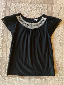 GAP 100% Cotton Womens Small Black Boho Embroidered Short Sleeve Peasant Top - Picture 1 of 5