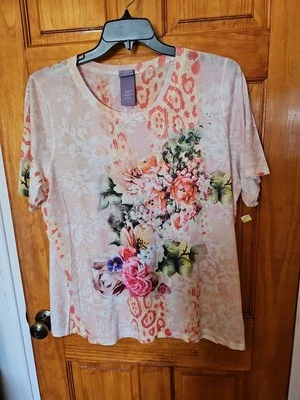 Camiseta Laura Scott Mujer Floral Estrás Manga Corta Negra Talla 3X Nueva Con Etiquetas  Foto 1 de 4