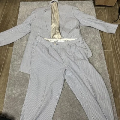 Ralph Ralph Lauren Suit Mens 42L Blue White Seersucker Cotton 2 Button Set - Image 1 of 4