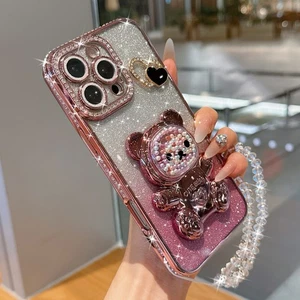 For Various Phone Bead Bear Holder Glitter Diamond Case Bling Cover Stand +Chain - Picture 1 of 22