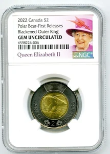 2022 CANADA $2 BLACK RING NGC GEM UNC FIRST RELEASES QUEEN ELIZABETH TOONIE - Picture 1 of 2