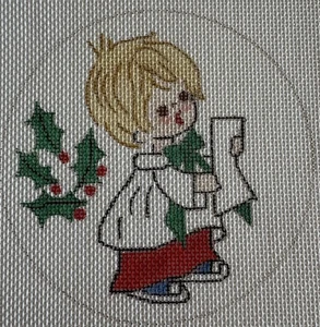 Vtg Tray Point Little Choir Boy Sing Christmas Round Ornament Needlepoint Canvas - Picture 1 of 5
