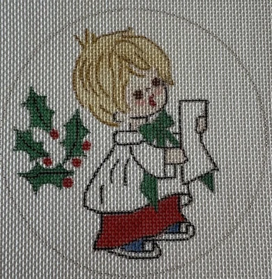 Vtg Tray Point Little Choir Boy Sing Christmas Round Ornament Needlepoint Canvas - Image 1 of 4