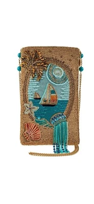 Mary Frances Sail Away Boat Ocean Bead Phone Bag Gold Blue Handbag Zip Purse NEW - Image 1 of 4