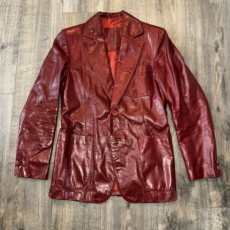 Chaqueta Blazer De Colección Años 70 Comstock Load Hombre Cuero Uruguay Rojo Parche Bolsillos Foto 1 de 4