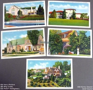 FIVE Vintage 1930s Color Postcards Hollywood Movie Star Houses California - Picture 1 of 7