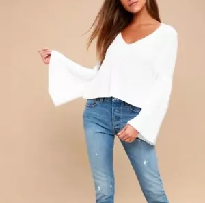 Maglione Free People Damsel bianco manica a campana lavorato a maglia collo profondo taglia M oversize - Foto 1 di 8