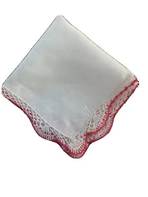 Pañuelo vintage de algodón blanco liso con precioso ganchillo blanco y rosa oscuro H482 Foto 1 de 4