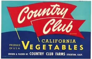 Original COUNTRY CLUB vegetable crate label Stockton California red flags - Picture 1 of 1