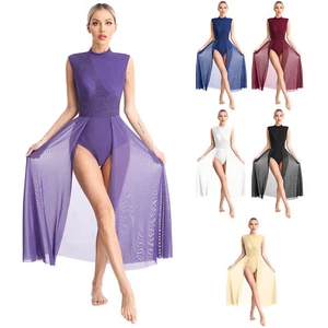 Womens Dress Lyrical Dancewear Unitard Costumes Open Back Contemporary Mock Neck - Afbeelding 1 van 68