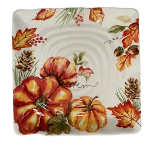 Maxcera FALL PUMPKINS Dinner Plates 11in Square Ceramic Set of 4 Thanksgiving - Picture 1 of 10