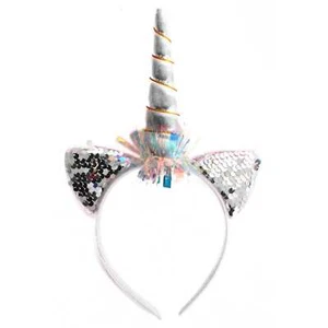 Plush Silver Sequin Iridescent Tinsel Unicorn Horn Headband Ears Party Accessory - Picture 1 of 1