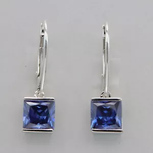 Blue Square / Rectangle TANZANITE Leverback Earrings - 925 STERLING SILVER #18e - Picture 1 of 9