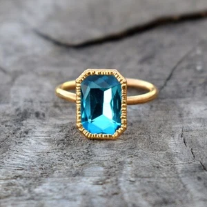 Blue Topaz Emerald Cut Hydro Gemstone Fashion Women Gold Engagement Jewelry Ring - Picture 1 of 15