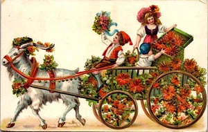 Vintage Victorian Postcard Fantasy Children in Floral Decorated Goat Cart 1908 - Picture 1 of 3