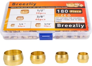180PCS Tube OD(1/4" 5/16" 3/8" 1/2") Brass Compression Sleeves Ferrules,4 Sizes - Picture 1 of 8