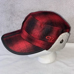 Outdoor Research Yukon Cap Red Black Plaid Wool Blend Ear Flap Hat Size S/P - Picture 1 of 12