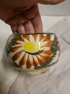 Vtg Hand PAINTED POTTERY Round Planter MEXICO Tonala? Boho 6-1/2" Crazed Signed - Picture 1 of 11