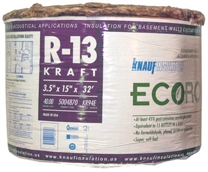 Kraft Faced Insulation, 32 ft L, 15 in W, R13 R-Value, Fiberglass - Picture 1 of 1