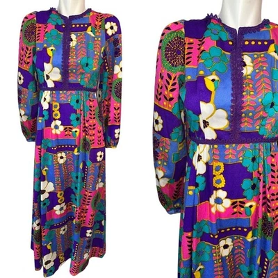 Vestido de Colección Años 70 Lord & Taylor Brillante Floral Corteza Hawaiano Manga Larga Pequeño Foto 1 de 4