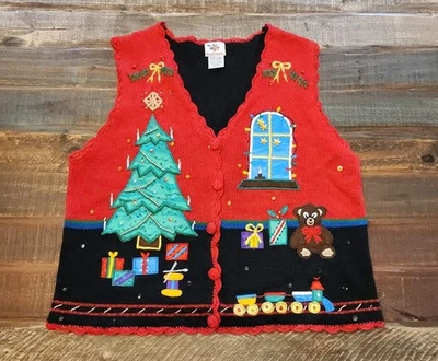 Vintage Cascanueces Feo Navidad Suéter Chaleco Árbol Oso Regalos Luces Años 80 90 Foto 1 de 4