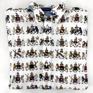 Vintage Tommy Hilfiger Hemd Herren Large weiß All Over Print Wappen Wappen Schild - Bild 1 von 10