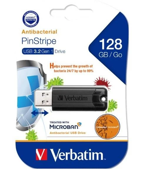 Verbatim 128GB Antibacterial Pinstripe USB 3.0 Drive (with Microban¬Æ) Black - Image 1 of 1