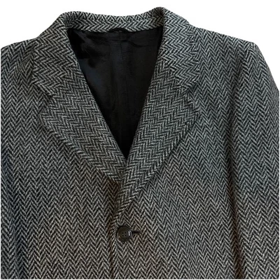 Vintage Leishman Mens Winter Long Trench Coat 46R Tweed Wool Herringbone Grey Foto 1 de 4