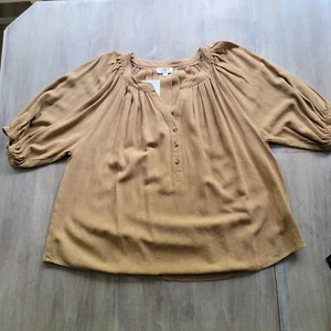 NWT Umgee Peasant Blouse Womens SM Tan Linen Cotton Blend Boho Top Flowy V-Neck - Picture 1 of 9