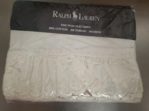 Vintage Ralph Lauren Bromley Lace Ruffled CREAM Cotton Twin Flat Sheet-NOS 1987 - Picture 1 of 6
