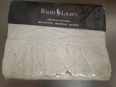Vintage Ralph Lauren Bromley Lace Ruffled CREAM Cotton Twin Flat Sheet-NOS 1987 - Image 1 of 4