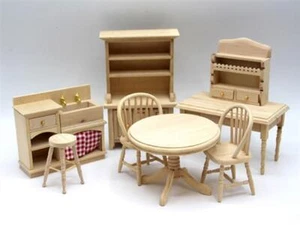 Dolls House Unfinished Kitchen Furniture Set Old Fashioned Bare Wood 1:12 Scale - Picture 1 of 8