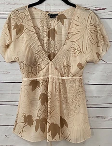 THEORY Silk Shirt Size P Beige Semi Sheer Floral Modern Coquette Tomatogirl - Picture 1 of 11