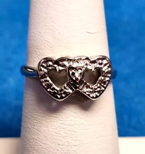 Vtg Art Crest 10K White Gold Double Heart Ring - Sz 6 - 2.1g - Tiny Dia. Accents - Picture 1 of 8