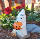 vintage Halloween ceramic ghost figurine holding a pumpkin EUC 4.25" tall