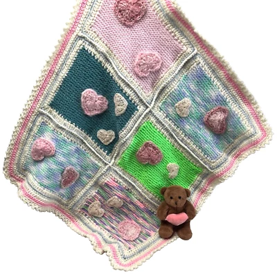 Handmade Crochet Knit Baby Blanket Throw Pram Cover Heart Applique Homemade - image 1 of 4