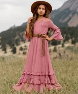 NWT Joyfolie Mia Joy Mariana Dress Youth Girls 12 Dusty Rose Boho Ruffle Mesh - Picture 1 of 8