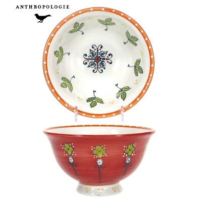 Anthropologie CAQUI EN RODAJAS 6.25" Sopa 20oz Tazón Patas Rojo Floral Hoja Foto 1 de 4