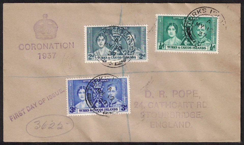 TURKS & CAICOS, KGVI, 1937 CORONATION, REGISTERED, ILLUSTRATED FIRST DAY COVER. - Image 1 of 1