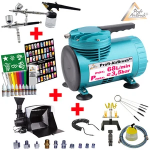 AIRBRUSH KOMPRESSOR SET KOMPLETT KIT AIRBRUSHPISTOLE SCHLAUCH FARBEN SCHABLONEN - Bild 1 von 37