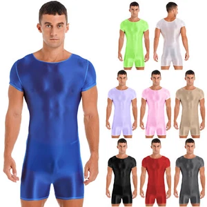 Mens Glossy Bodysuit Short Sleeve Boxer Jumpsuit Gym Sport Leotard Dance Unitard - Picture 1 of 114